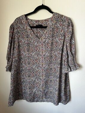 Jones New York Floral Blouse 2X Plus Size Smocked Sleeve Lightweight Top